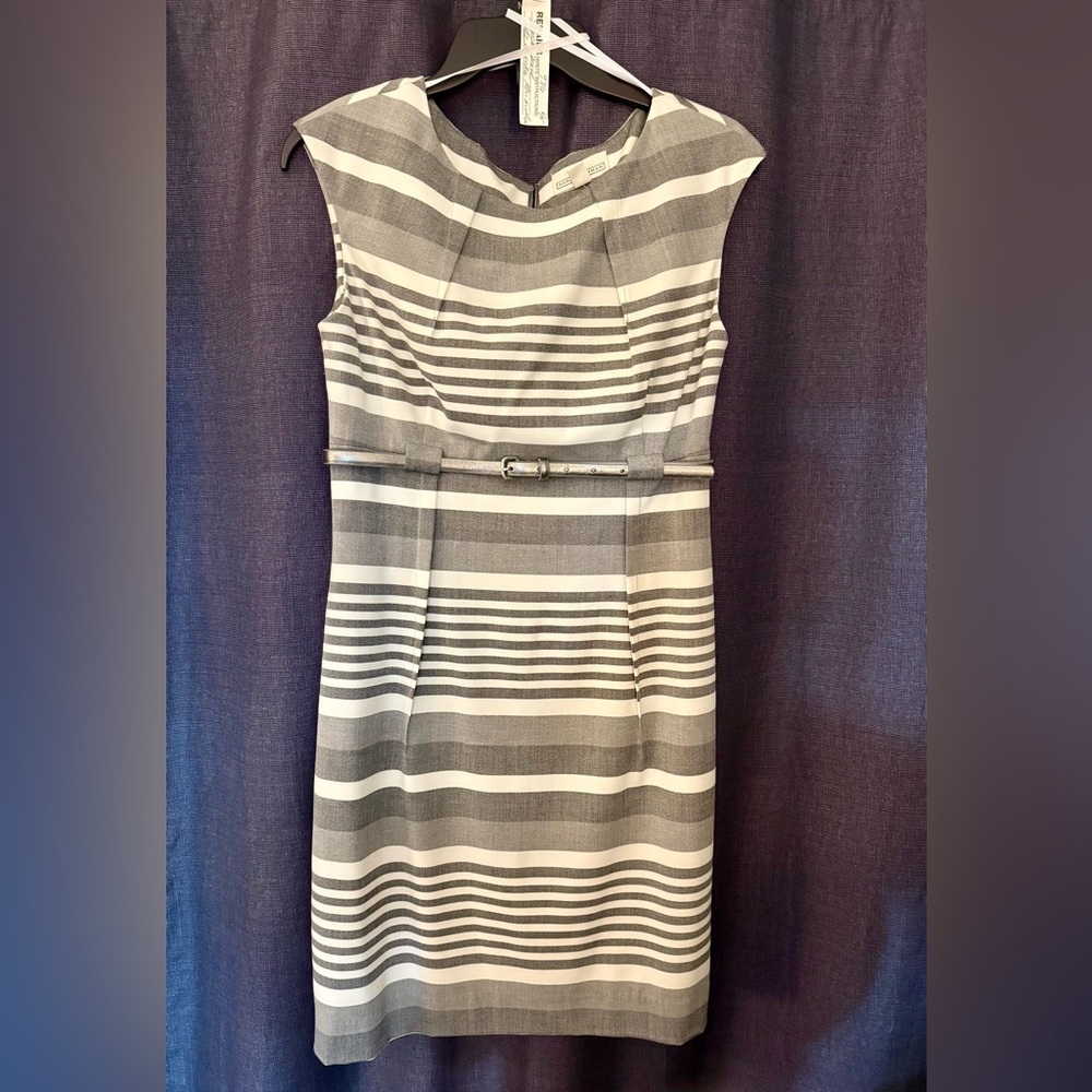 Dana Buchman Gray & white Striped dress with metallic gray skinny belt, size 4/6